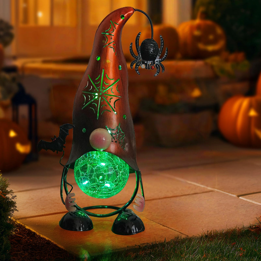Handmade Halloween Solar Gnome Yard Decorations, Color Changing LED Lights with Jack-O-Lantern Hollowed-Out Hat, Spooky
