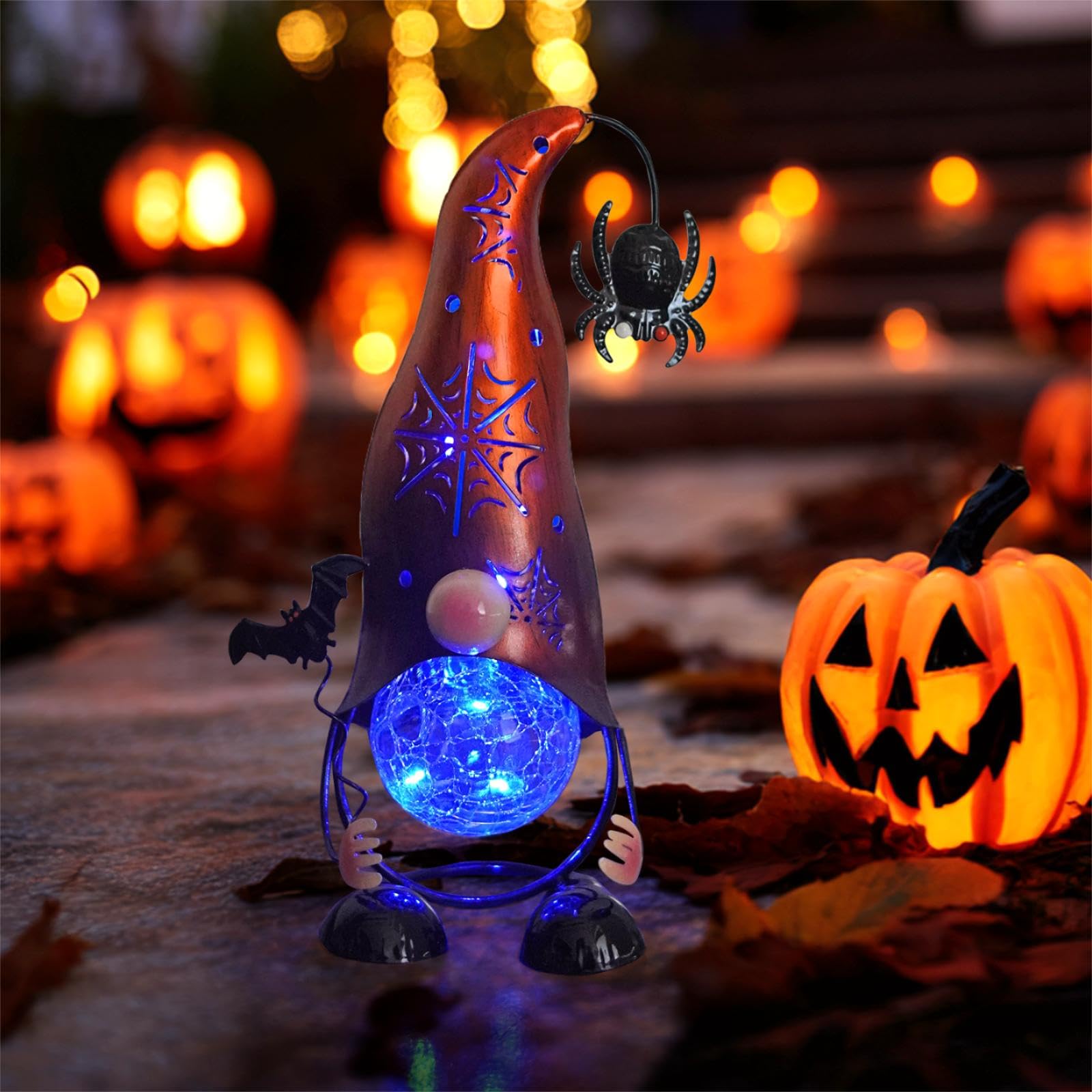 Handmade Halloween Solar Gnome Yard Decorations, Color Changing LED Lights with Jack-O-Lantern Hollowed-Out Hat, Spooky