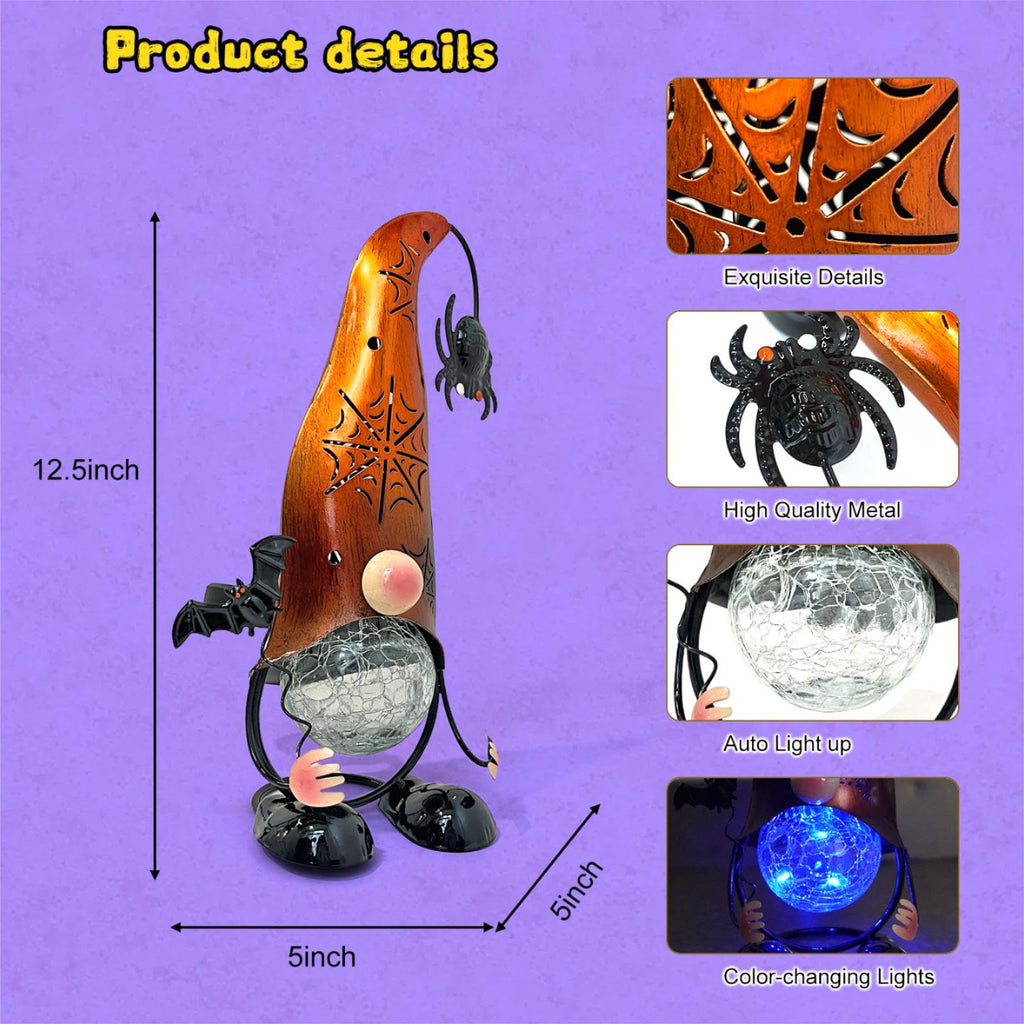 Handmade Halloween Solar Gnome Yard Decorations, Color Changing LED Lights with Jack-O-Lantern Hollowed-Out Hat, Spooky