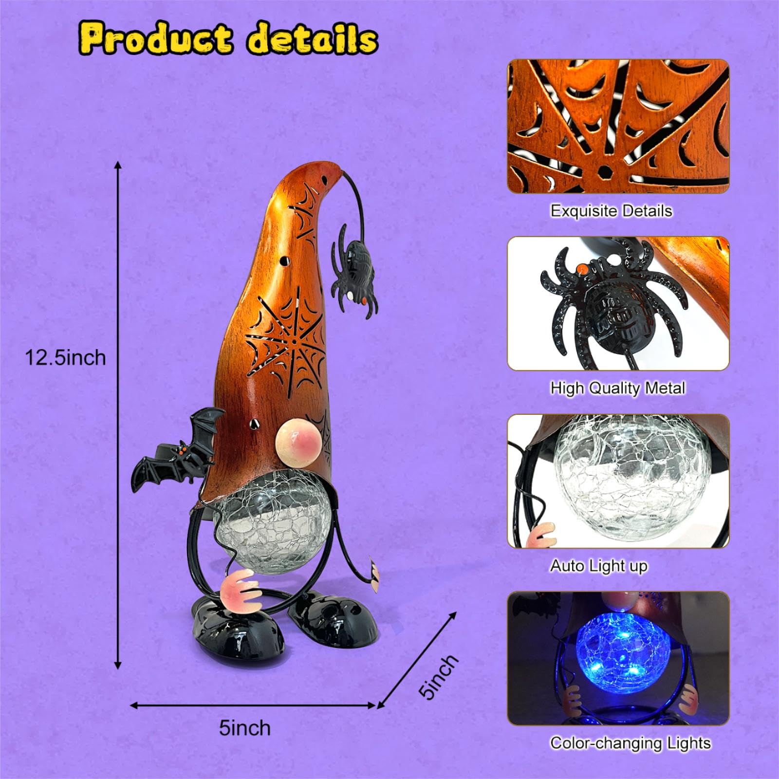 Handmade Halloween Solar Gnome Yard Decorations, Color Changing LED Lights with Jack-O-Lantern Hollowed-Out Hat, Spooky
