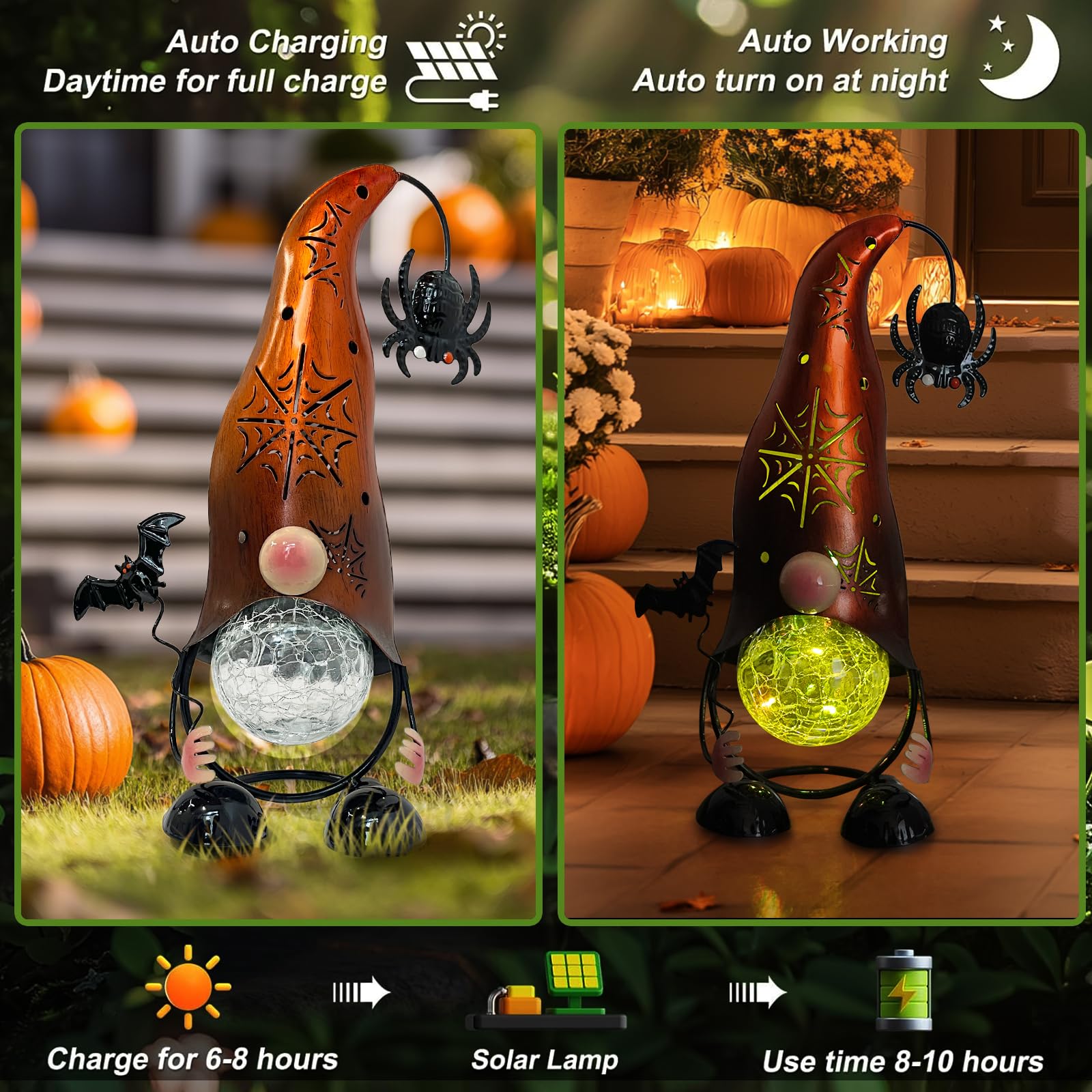 Handmade Halloween Solar Gnome Yard Decorations, Color Changing LED Lights with Jack-O-Lantern Hollowed-Out Hat, Spooky