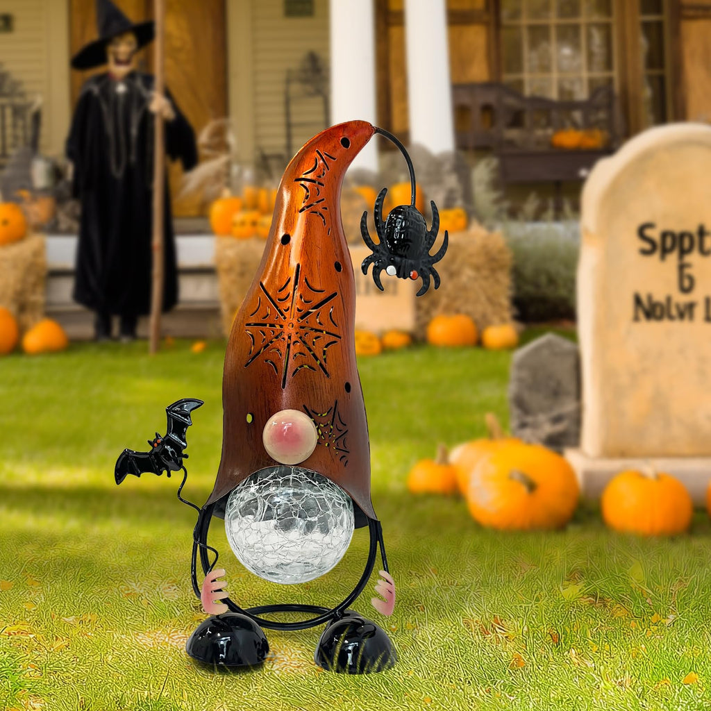 Handmade Halloween Solar Gnome Yard Decorations, Color Changing LED Lights with Jack-O-Lantern Hollowed-Out Hat, Spooky