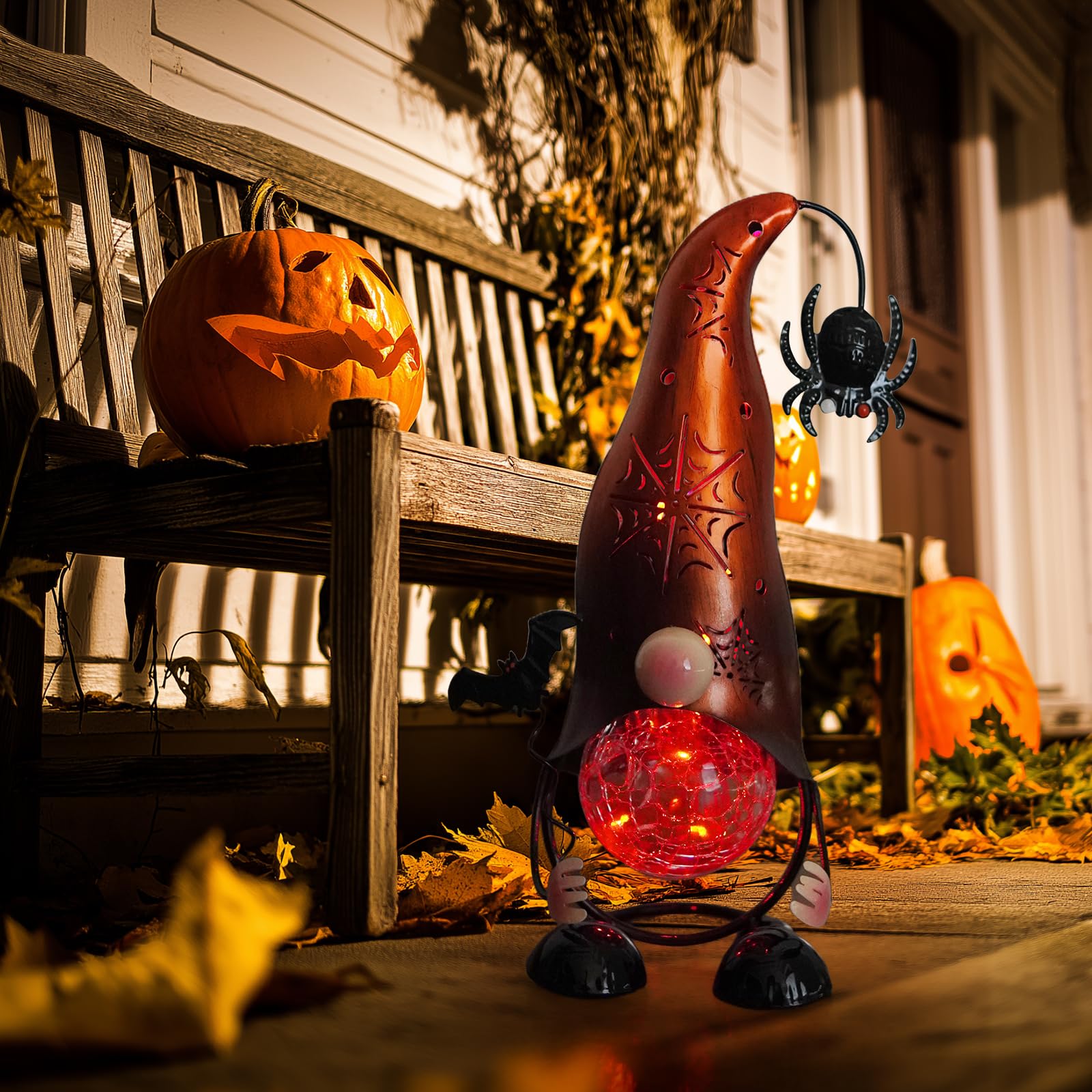 Handmade Halloween Solar Gnome Yard Decorations, Color Changing LED Lights with Jack-O-Lantern Hollowed-Out Hat, Spooky