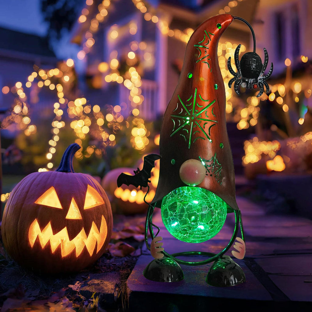 Handmade Halloween Solar Gnome Yard Decorations, Color Changing LED Lights with Jack-O-Lantern Hollowed-Out Hat, Spooky