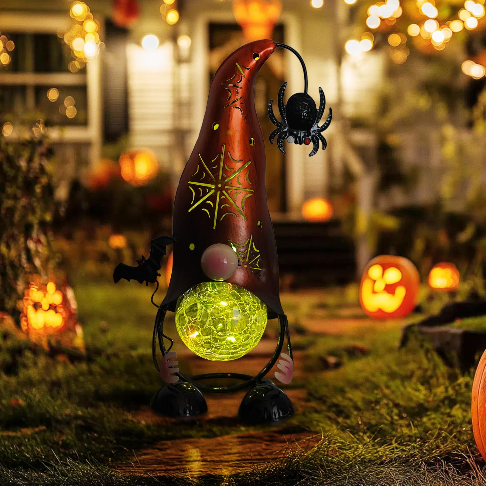Handmade Halloween Solar Gnome Yard Decorations, Color Changing LED Lights with Jack-O-Lantern Hollowed-Out Hat, Spooky